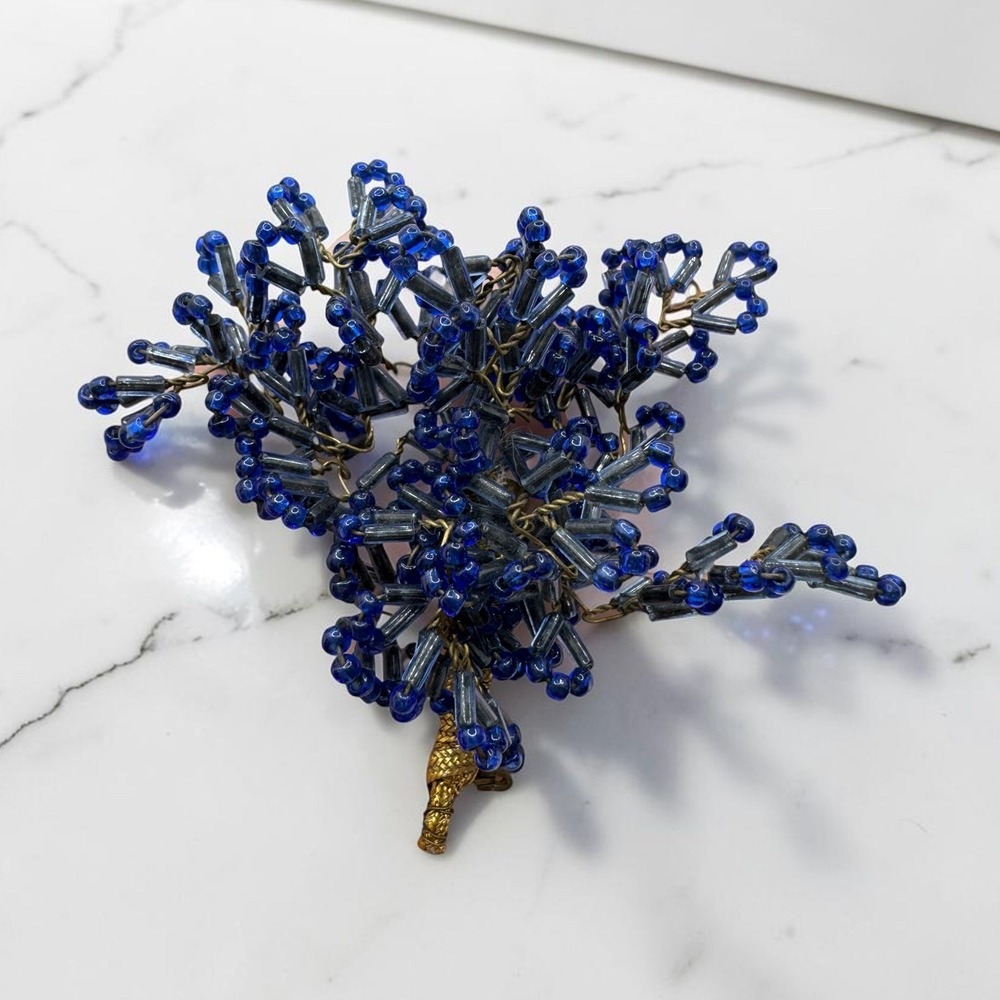 Vintage Cobalt Blue Beaded Tree Branch Brooch Gold Tone Wire Wrapped Statement